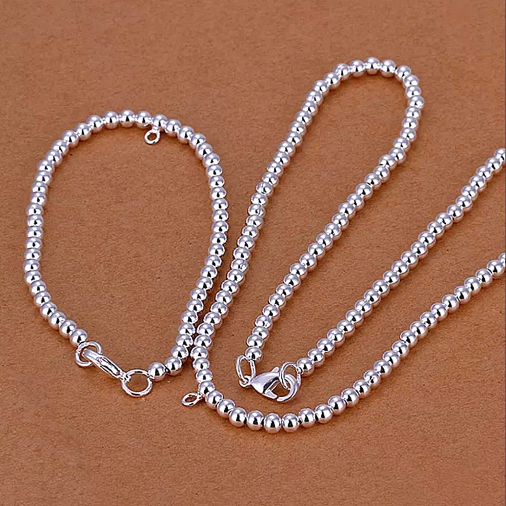 Beaded Ball Sterling Silver Necklace Matching Bracelet Set 4mm